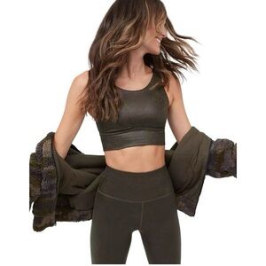 Offline by Aerie Hugger Sports Bra Faux Leather Crackle Olive Green